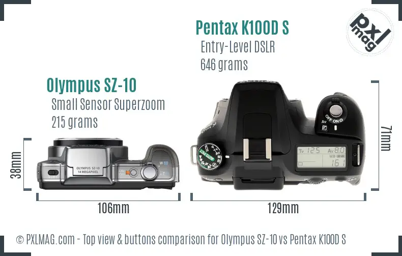 Olympus SZ-10 vs Pentax K100D S top view buttons comparison