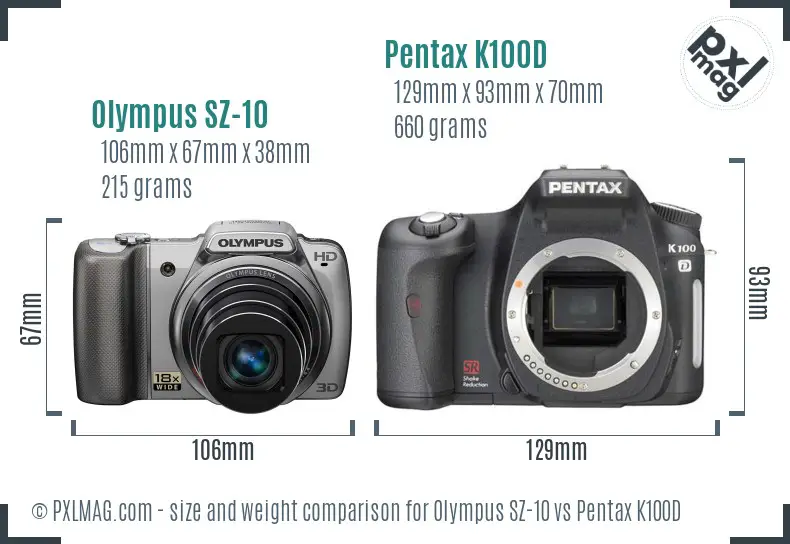 Olympus SZ-10 vs Pentax K100D size comparison