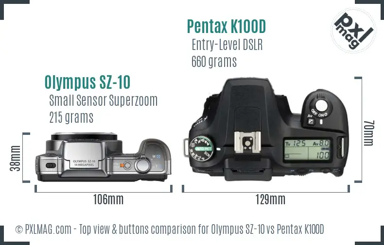 Olympus SZ-10 vs Pentax K100D top view buttons comparison