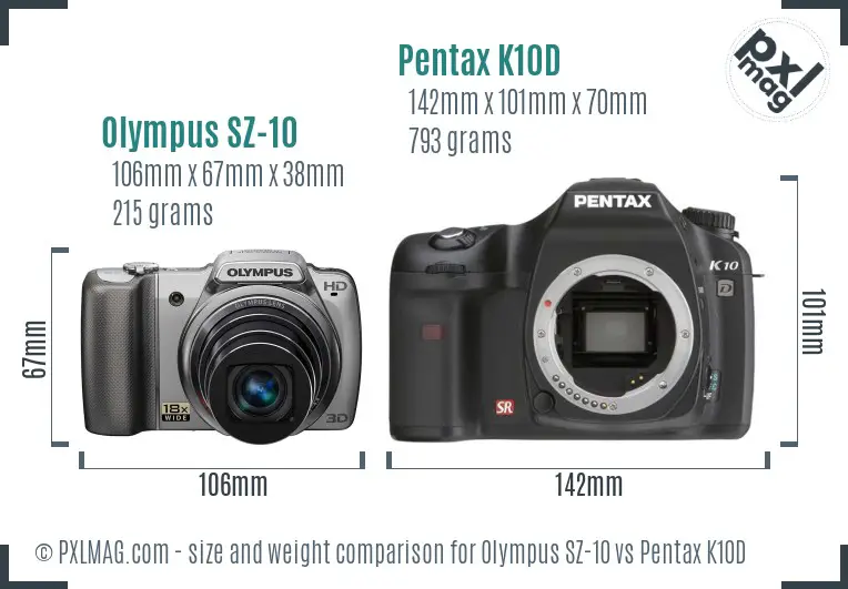 Olympus SZ-10 vs Pentax K10D size comparison