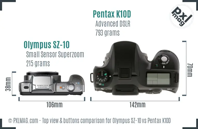 Olympus SZ-10 vs Pentax K10D top view buttons comparison