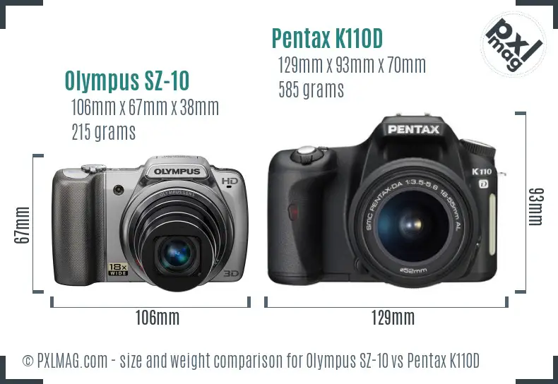 Olympus SZ-10 vs Pentax K110D size comparison Olympus SZ-10 vs Pentax K110D size comparison