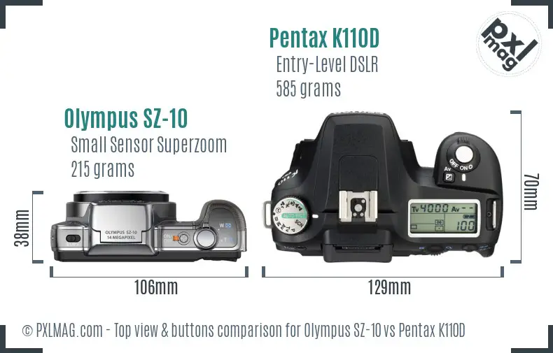 Olympus SZ-10 vs Pentax K110D top view buttons comparison Olympus SZ-10 vs Pentax K110D top view buttons comparison