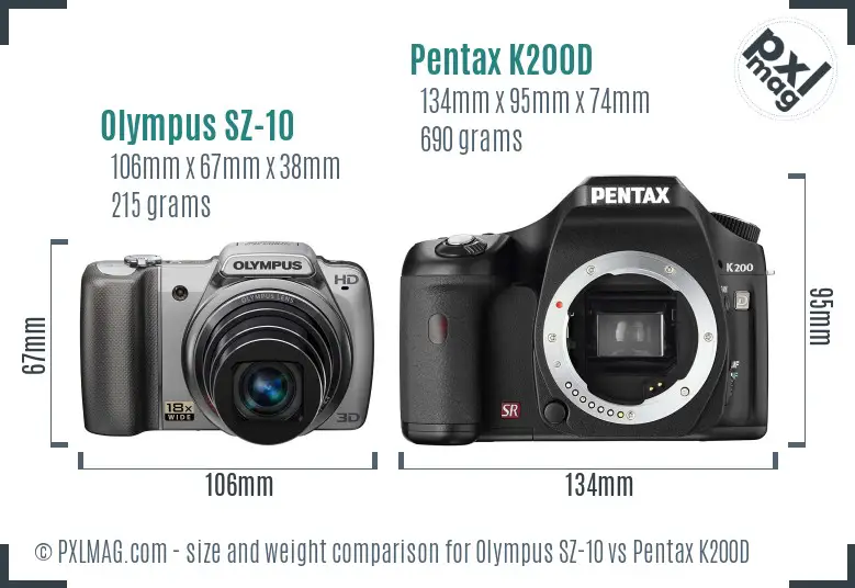 Olympus SZ-10 vs Pentax K200D size comparison