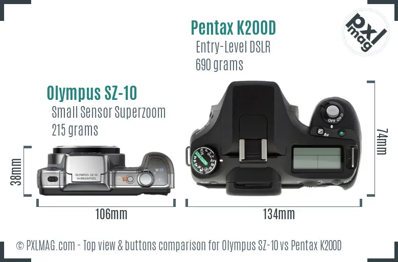 Olympus SZ-10 vs Pentax K200D top view buttons comparison