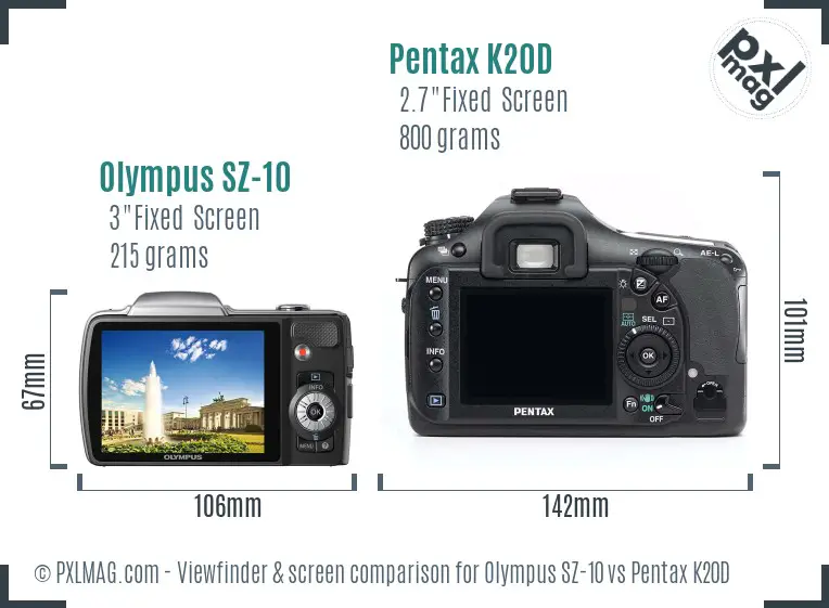 Olympus SZ-10 vs Pentax K20D Screen and Viewfinder comparison