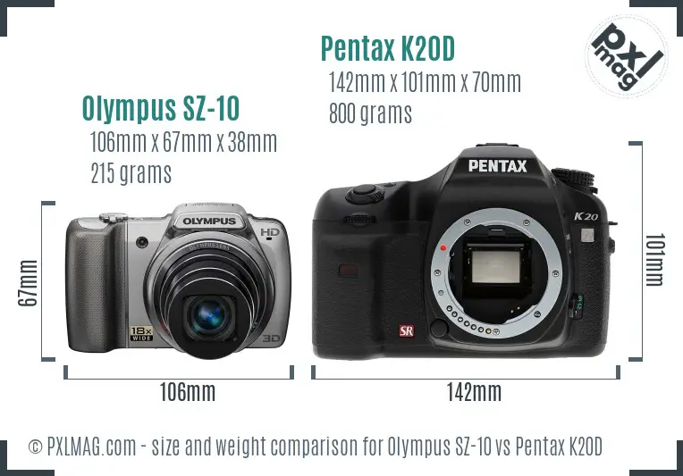Olympus SZ-10 vs Pentax K20D size comparison