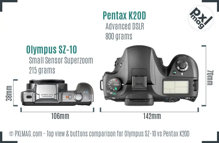 Olympus SZ-10 vs Pentax K20D top view buttons comparison