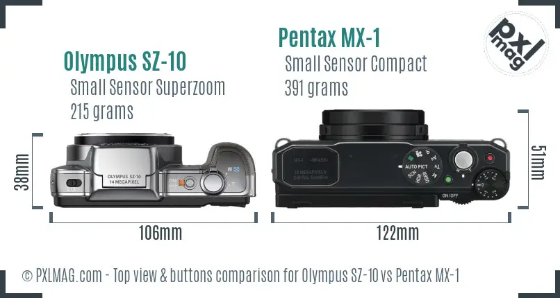 Olympus SZ-10 vs Pentax MX-1 top view buttons comparison