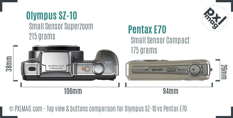 Olympus SZ-10 vs Pentax E70 top view buttons comparison