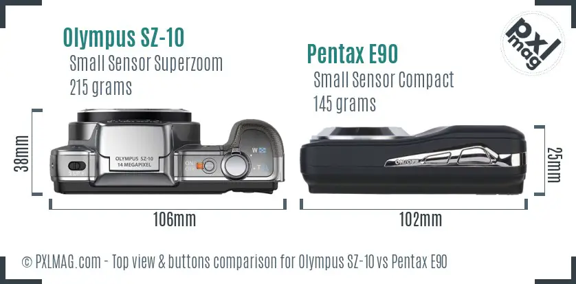 Olympus SZ-10 vs Pentax E90 top view buttons comparison