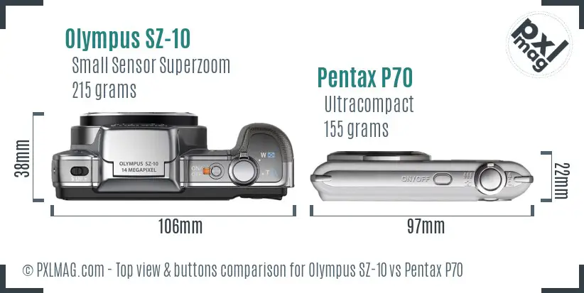 Olympus SZ-10 vs Pentax P70 top view buttons comparison