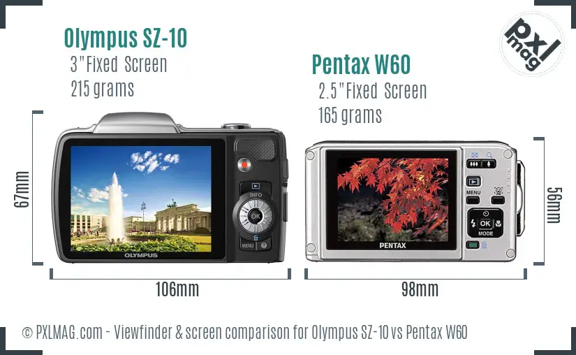 Olympus SZ-10 vs Pentax W60 Screen and Viewfinder comparison