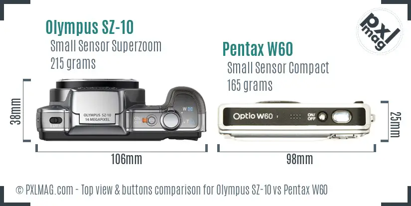 Olympus SZ-10 vs Pentax W60 top view buttons comparison