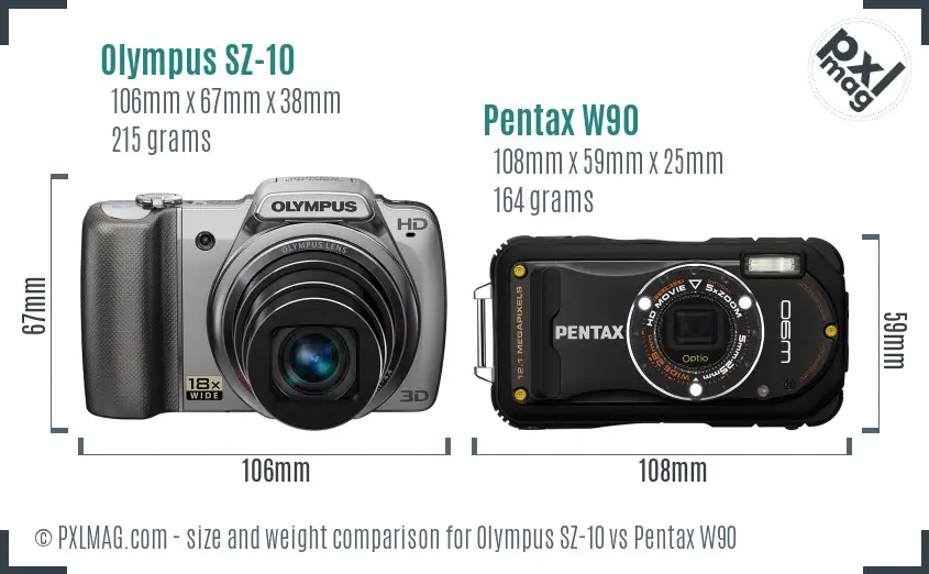 Olympus SZ-10 vs Pentax W90 size comparison