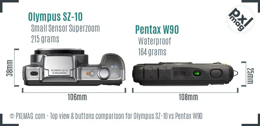 Olympus SZ-10 vs Pentax W90 top view buttons comparison
