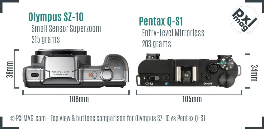 Olympus SZ-10 vs Pentax Q-S1 top view buttons comparison