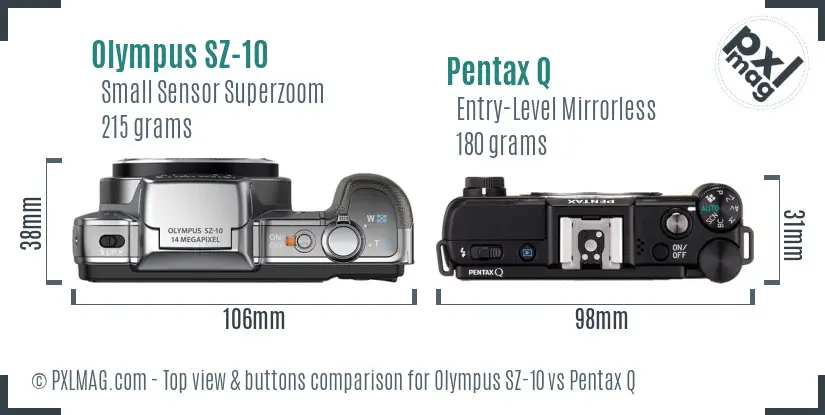 Olympus SZ-10 vs Pentax Q top view buttons comparison
