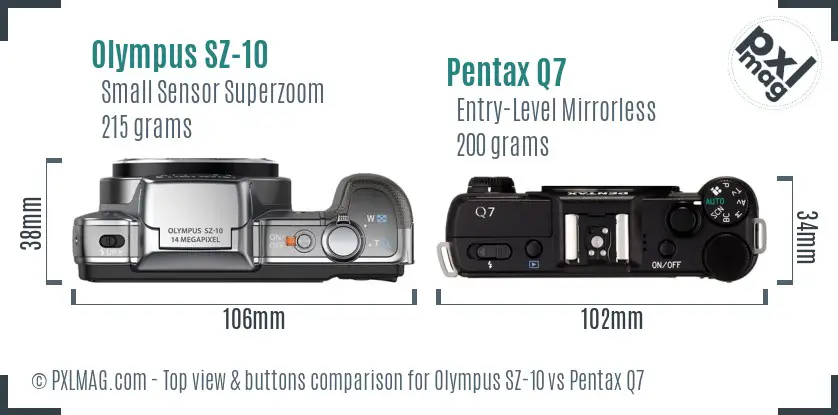 Olympus SZ-10 vs Pentax Q7 top view buttons comparison