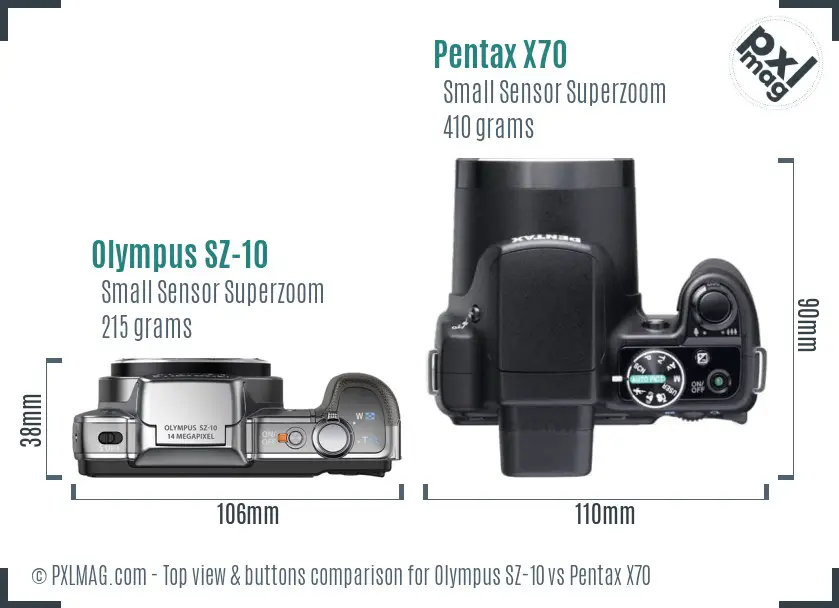 Olympus SZ-10 vs Pentax X70 top view buttons comparison