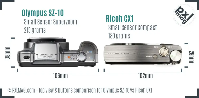 Olympus SZ-10 vs Ricoh CX1 top view buttons comparison