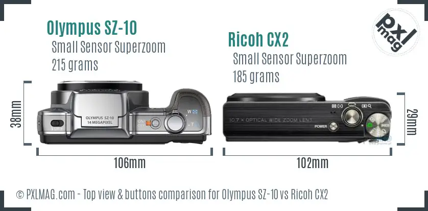 Olympus SZ-10 vs Ricoh CX2 top view buttons comparison Olympus SZ-10 vs Ricoh CX2 top view buttons comparison