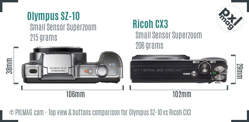 Olympus SZ-10 vs Ricoh CX3 top view buttons comparison Olympus SZ-10 vs Ricoh CX3 top view buttons comparison