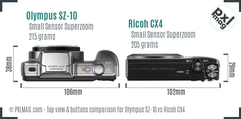 Olympus SZ-10 vs Ricoh CX4 top view buttons comparison