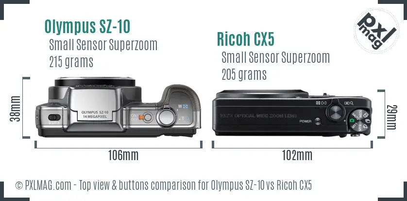 Olympus SZ-10 vs Ricoh CX5 top view buttons comparison