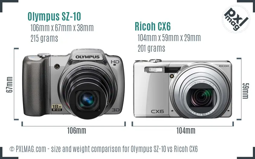Olympus SZ-10 vs Ricoh CX6 size comparison