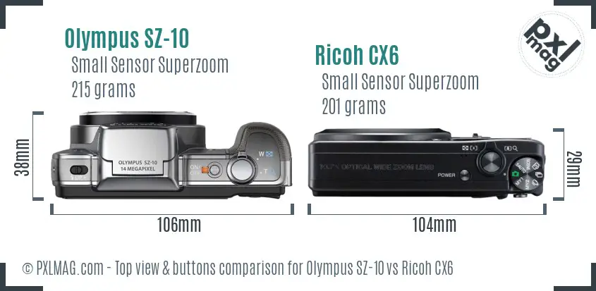 Olympus SZ-10 vs Ricoh CX6 top view buttons comparison