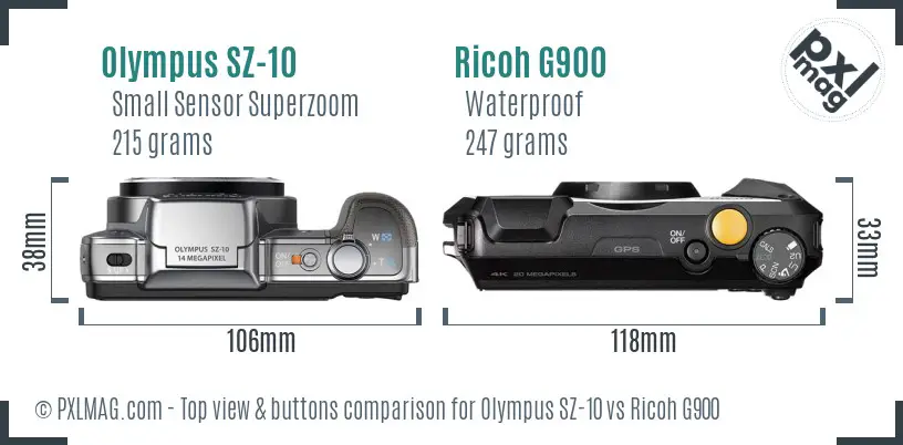 Olympus SZ-10 vs Ricoh G900 top view buttons comparison