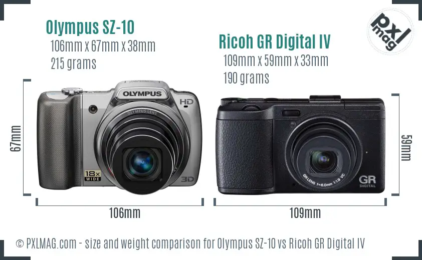 Olympus SZ-10 vs Ricoh GR Digital IV size comparison Olympus SZ-10 vs Ricoh GR Digital IV size comparison
