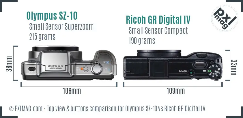 Olympus SZ-10 vs Ricoh GR Digital IV top view buttons comparison Olympus SZ-10 vs Ricoh GR Digital IV top view buttons comparison