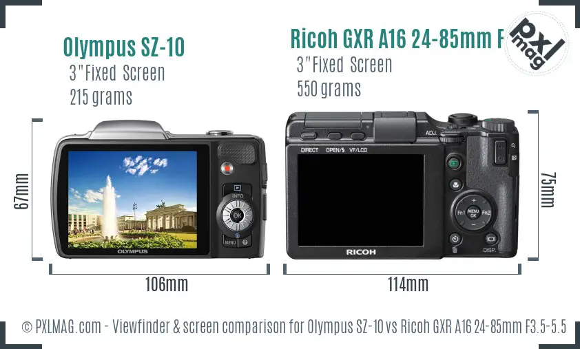 Olympus SZ-10 vs Ricoh GXR A16 24-85mm F3.5-5.5 Screen and Viewfinder comparison