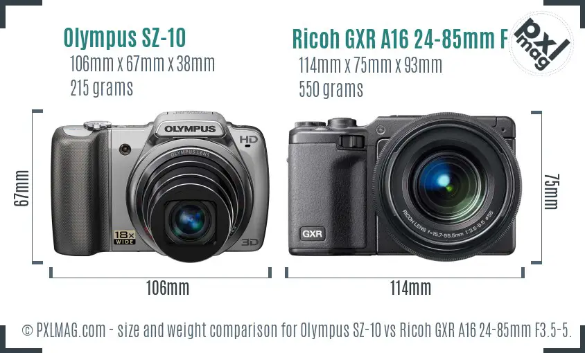 Olympus SZ-10 vs Ricoh GXR A16 24-85mm F3.5-5.5 size comparison