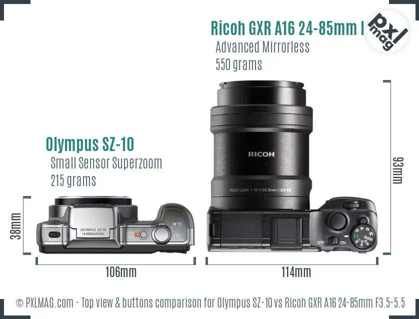 Olympus SZ-10 vs Ricoh GXR A16 24-85mm F3.5-5.5 top view buttons comparison