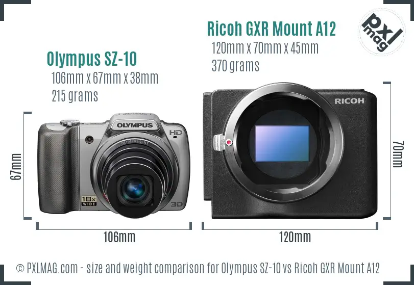 Olympus SZ-10 vs Ricoh GXR Mount A12 size comparison