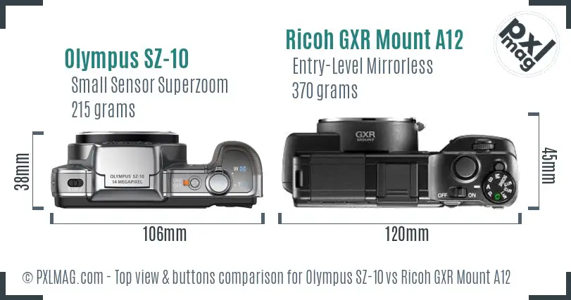 Olympus SZ-10 vs Ricoh GXR Mount A12 top view buttons comparison
