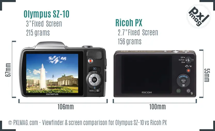 Olympus SZ-10 vs Ricoh PX Screen and Viewfinder comparison