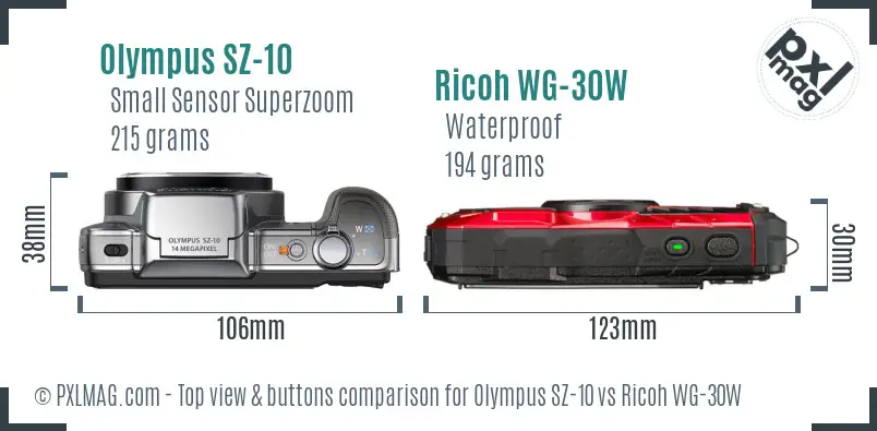 Olympus SZ-10 vs Ricoh WG-30W top view buttons comparison
