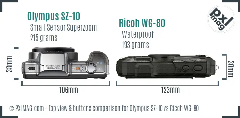 Olympus SZ-10 vs Ricoh WG-80 top view buttons comparison Olympus SZ-10 vs Ricoh WG-80 top view buttons comparison