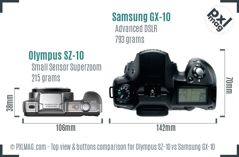 Olympus SZ-10 vs Samsung GX-10 top view buttons comparison Olympus SZ-10 vs Samsung GX-10 top view buttons comparison