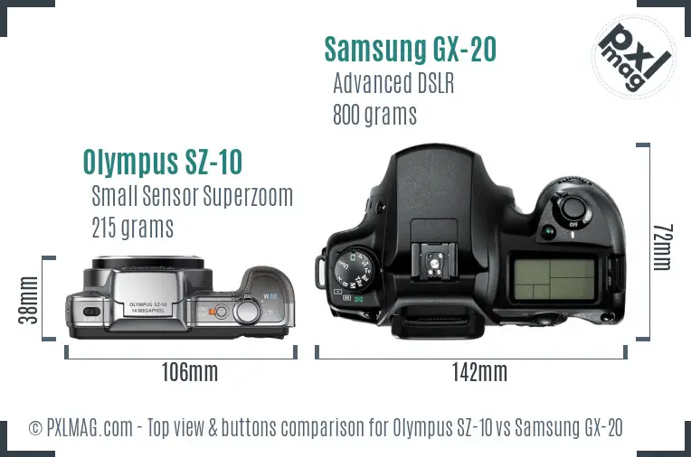 Olympus SZ-10 vs Samsung GX-20 top view buttons comparison