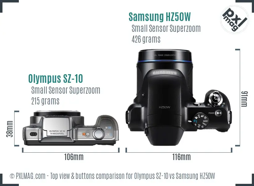 Olympus SZ-10 vs Samsung HZ50W top view buttons comparison Olympus SZ-10 vs Samsung HZ50W top view buttons comparison