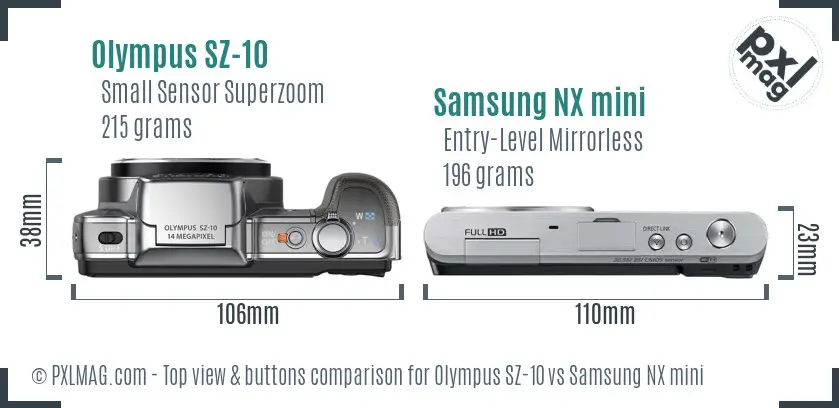 Olympus SZ-10 vs Samsung NX mini top view buttons comparison Olympus SZ-10 vs Samsung NX mini top view buttons comparison