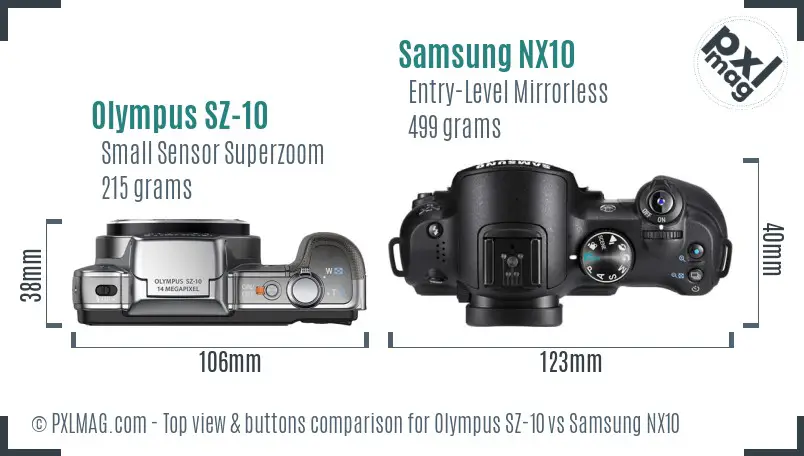 Olympus SZ-10 vs Samsung NX10 top view buttons comparison Olympus SZ-10 vs Samsung NX10 top view buttons comparison