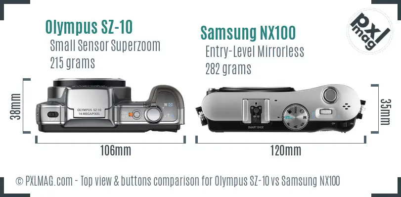 Olympus SZ-10 vs Samsung NX100 top view buttons comparison