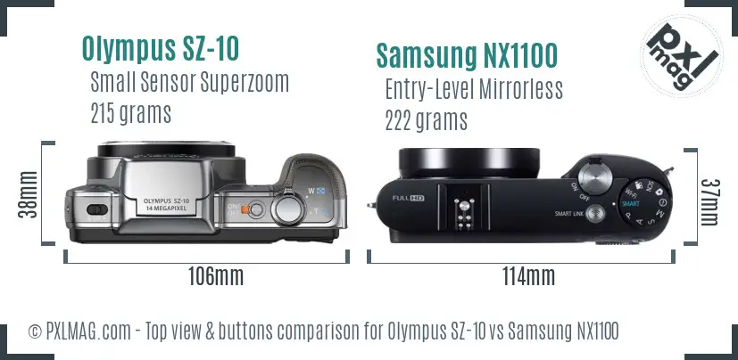 Olympus SZ-10 vs Samsung NX1100 top view buttons comparison Olympus SZ-10 vs Samsung NX1100 top view buttons comparison