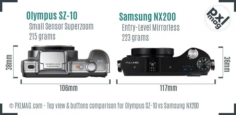 Olympus SZ-10 vs Samsung NX200 top view buttons comparison Olympus SZ-10 vs Samsung NX200 top view buttons comparison